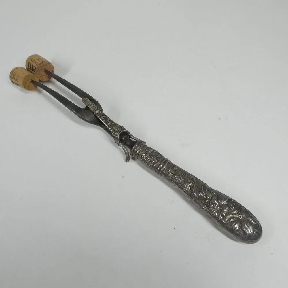 Meat Roast Carving Fork Repousse Floral Handle Vintage Silverplate